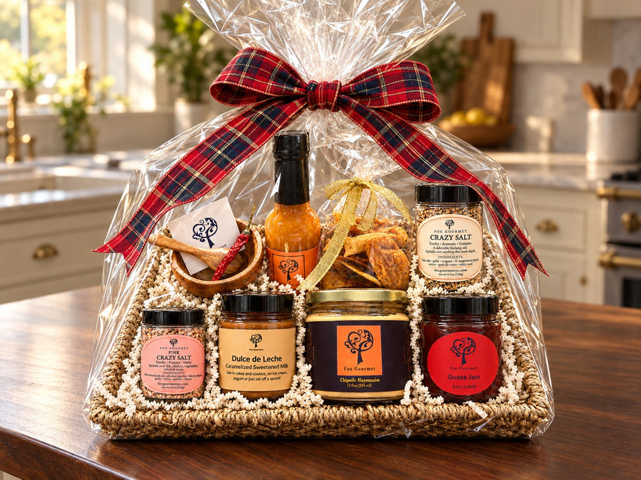 The Deluxe Gift Basket, gift-wrapped with a plaid bow