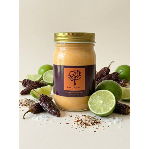 Fox Gourmet Chipotle Mayonnaise jar with chipotle peppers and lime