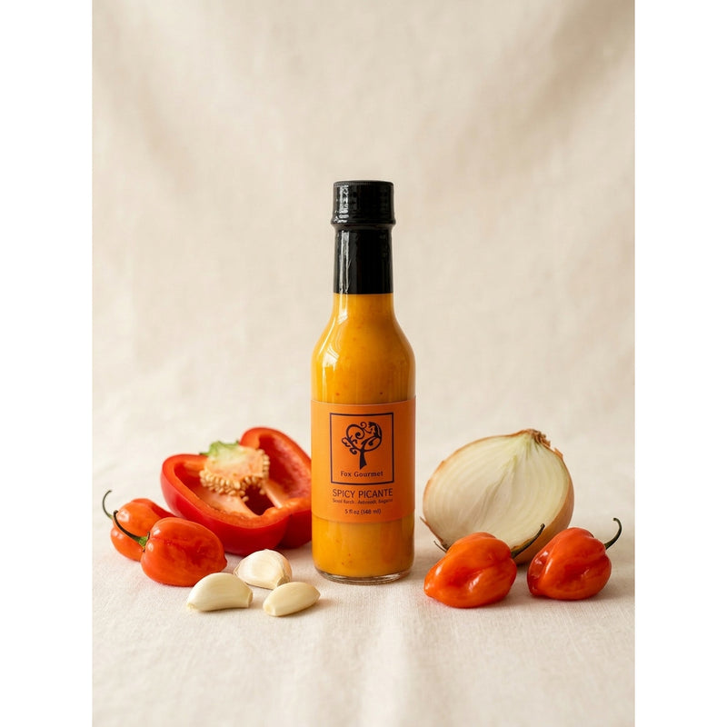 Fox Gourmet Spicy Picante hot sauce bottle with habanero peppers