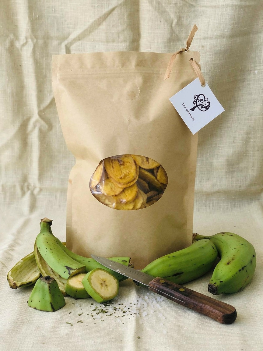 Fox Gourmet Plantain Chips kraft bag with fresh green plantains