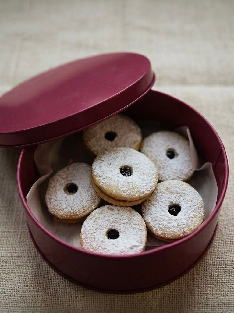 Fox Gourmet Linzer Cookie Tin — buttery almond shortbread with fruit jam