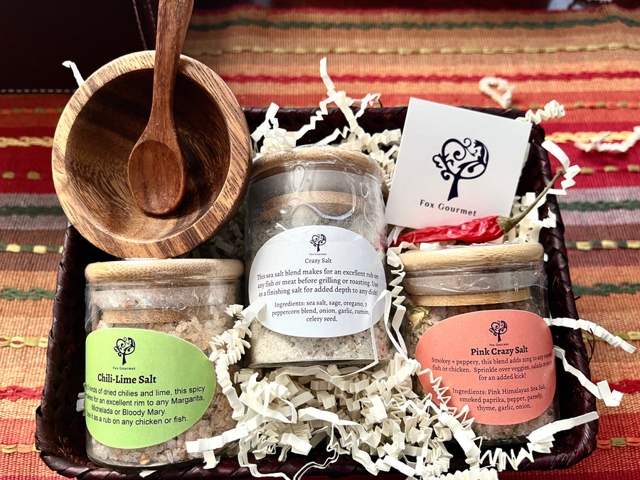 Fox Gourmet Gift Box of Crazy Salts with wooden bowl — all three finishing salts