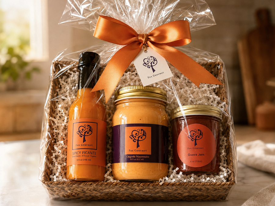 Fox Gourmet Heritage Collection gift basket — Spicy Picante, Chipotle Mayonnaise, and Guava Jam in a wicker basket with recipe card