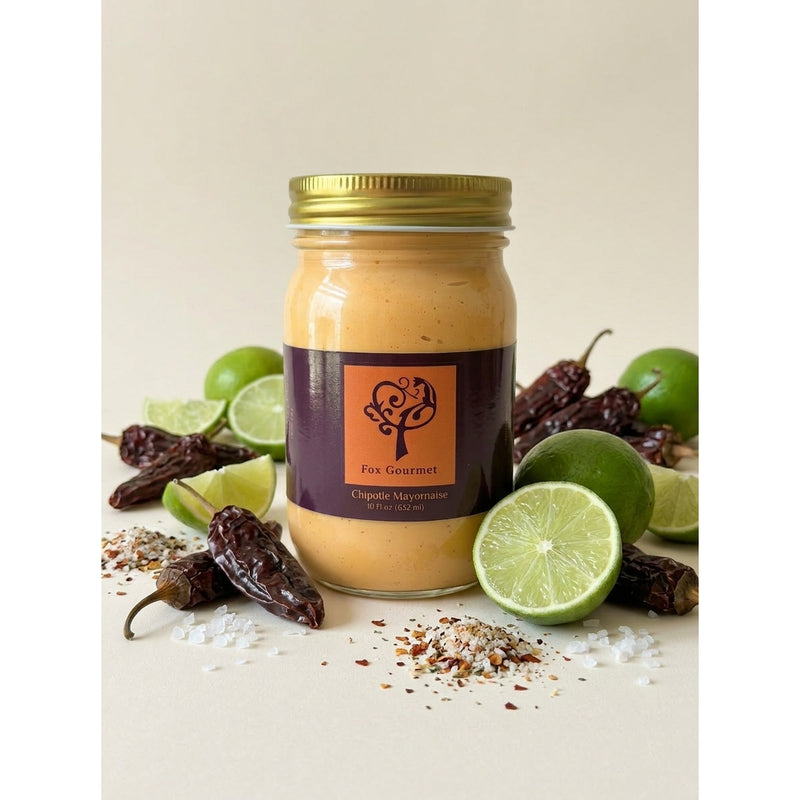 Fox Gourmet Chipotle Mayonnaise jar with chipotle peppers and lime