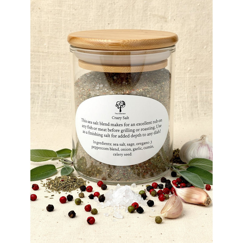 Fox Gourmet Crazy Salt glass jar with herbs and peppercorns