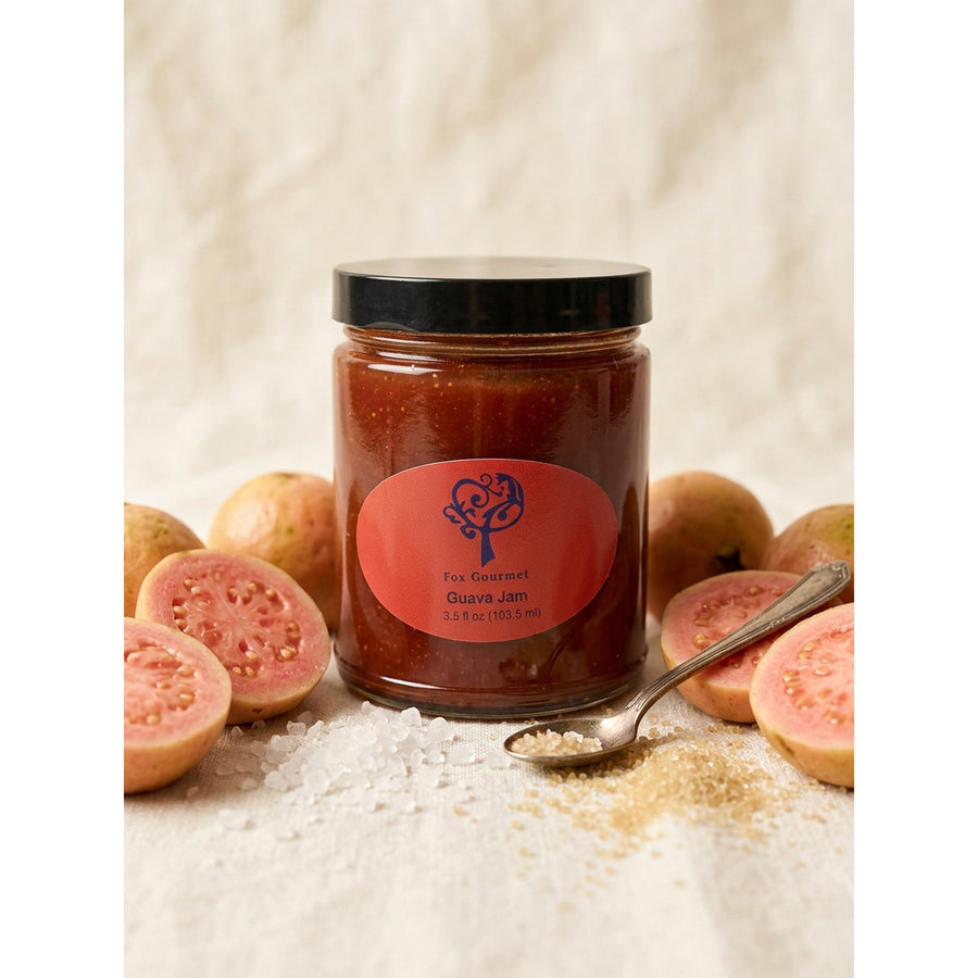 Fox Gourmet Guava Jam jar with fresh guavas