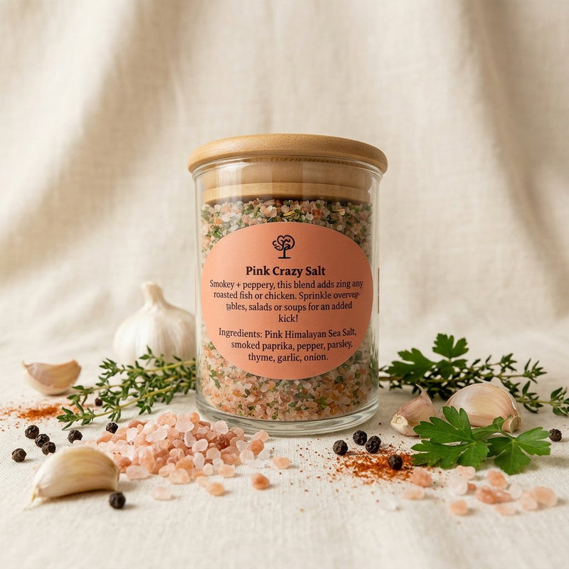 Fox Gourmet Pink Crazy Salt glass jar with pink Himalayan salt and herbs