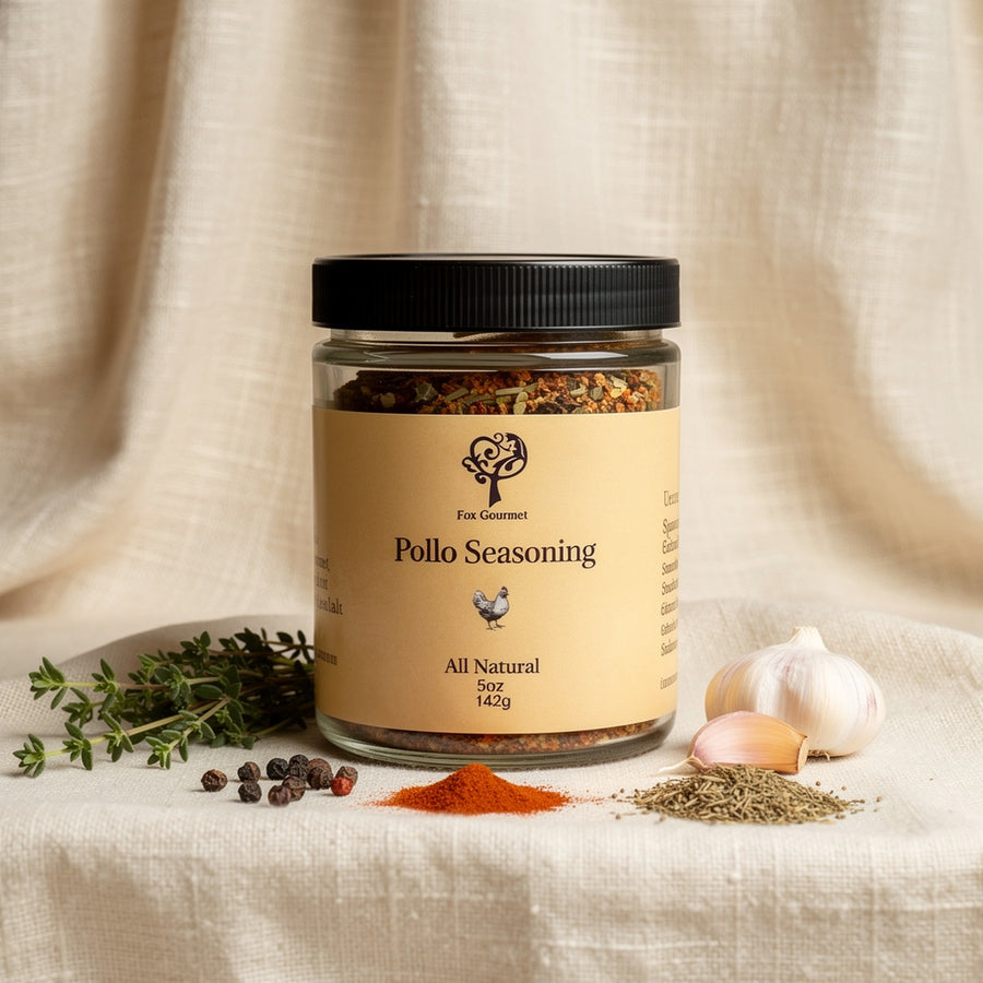 Fox Gourmet Pollo Seasoning jar with herbs and garlic